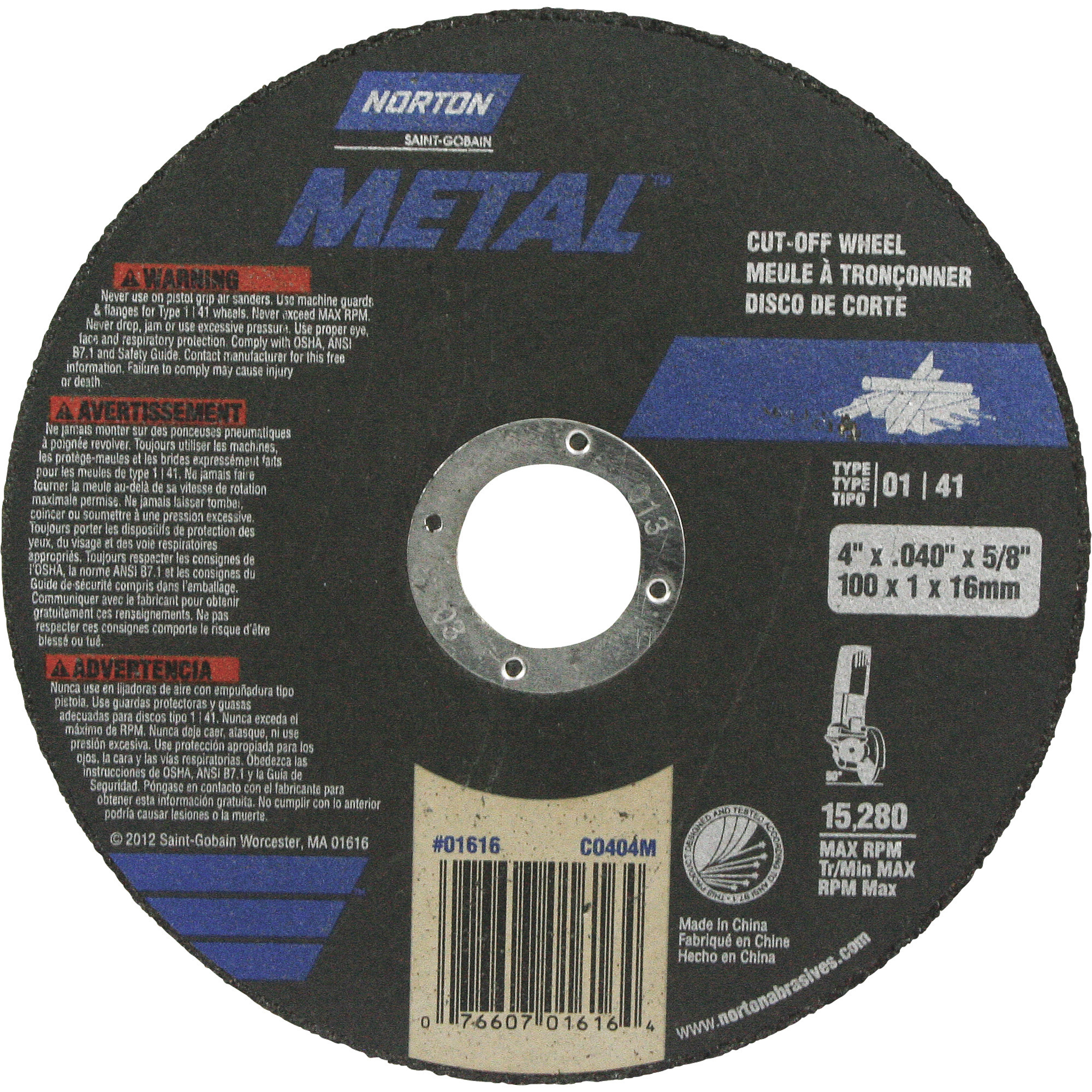 Norton Cutoff Wheel, 4in. Dia, 15,280 RPM, Model# 66243537236-9